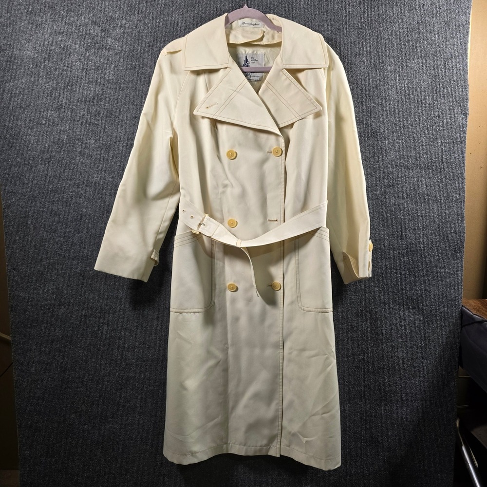 Misty Harbor Vintage Cream Double Breasted Trench Coat Belted Weather Size 14
